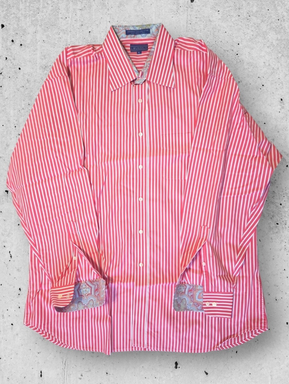 J.McLaughlin Men's Salmon & White Striped Button Down Shirt XL Paisley Cuffs